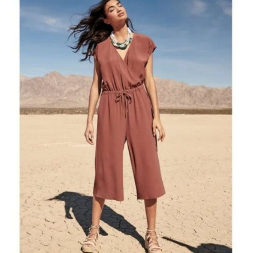 Eileen Fisher Brown Wide Leg Short Sleeve Cropped Jumpsuit XL